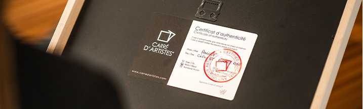 Certificate of authenticity issued by Carr&eacute; d&rsquo;artistes and attached to the back of an artwork
