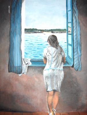 Dans ce tableau, Dali représente sa sœur Anna Maria de dos, regardant le bord de mer par la fenêtre.  