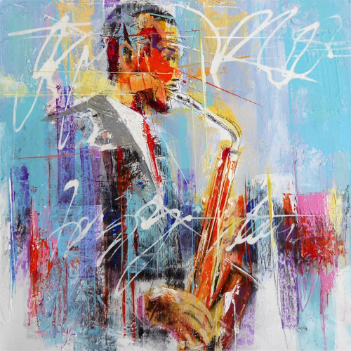  This unique and original contemporary artwork titled "Jazz Artist" was created by the contemporary artist Saulo Silveira. The artist used the Acrylic technique to create this large-scale painting on canvas in a figurative style.