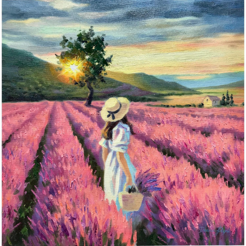 Cette oeuvre représente une jeune femme en robe d'été, se promenant dans les champs de lavande en Provence. Ce tableau issu de la collection "Merci, maman", peut totalement convenir pour un cadeau pour la fête des mères
