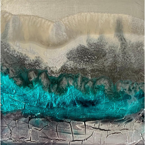  Abstract painting by Silvia Depaire, created using the "fluid painting" technique without brushes or traditional tools. This blue and gray painting would be a perfect fit as a Mother's Day gift.