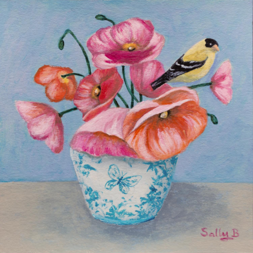 It is an acrylic painting titled "Flowers in a vase with yellow bird", depicting a bouquet of poppies in a vase.
