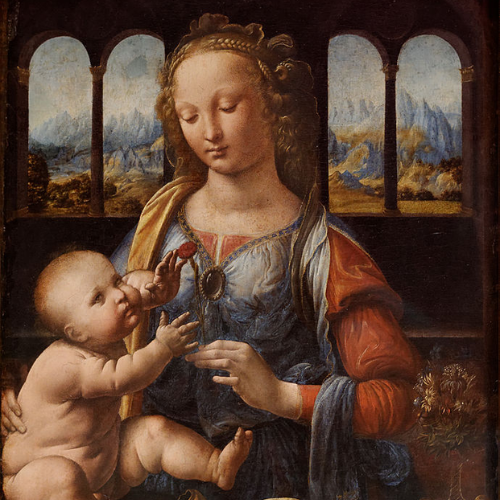 The Madonna with the Carnation is an oil painting by Leonardo da Vinci, painted around 1473, on display at the Alte Pinakothek in Munich, Germany. This work depicts Mary standing with a carnation in her hand and the infant Jesus, attracted by the flower, sitting on a cushion. 