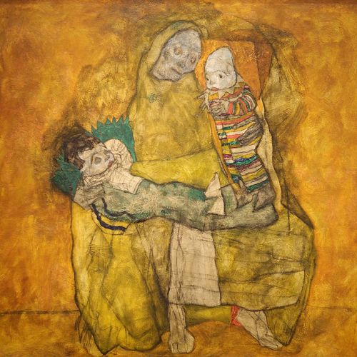 "Mutter mit zwei Kindern II" von Egon Schiele, das 1915 entstanden ist, ist ein Ölgemälde, das eine Mutter mit ihren beiden Kindern darstellt.