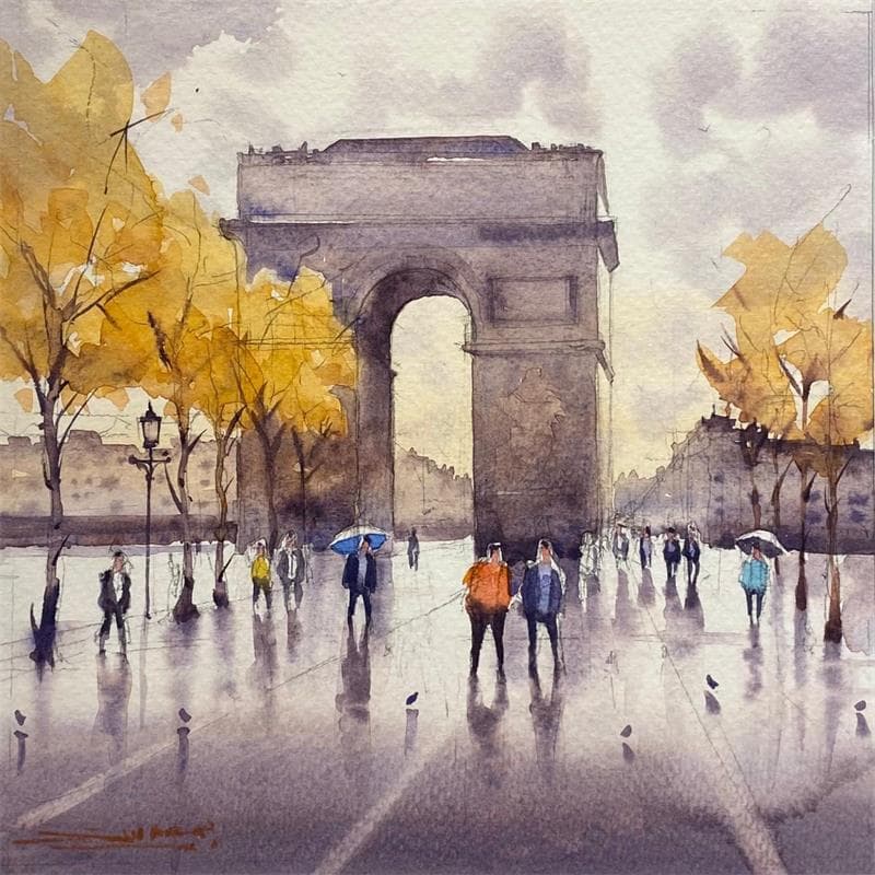 Gemälde Arc de Triomphe in Autumn  von Dandapat Swarup | Gemälde Figurativ Landschaften Urban Alltagsszenen Aquarell