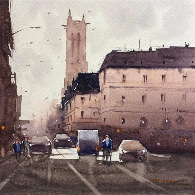 Painting Le Paris Gris by Dandapat Swarup | Painting Figurative Landscapes Urban Life style Watercolor