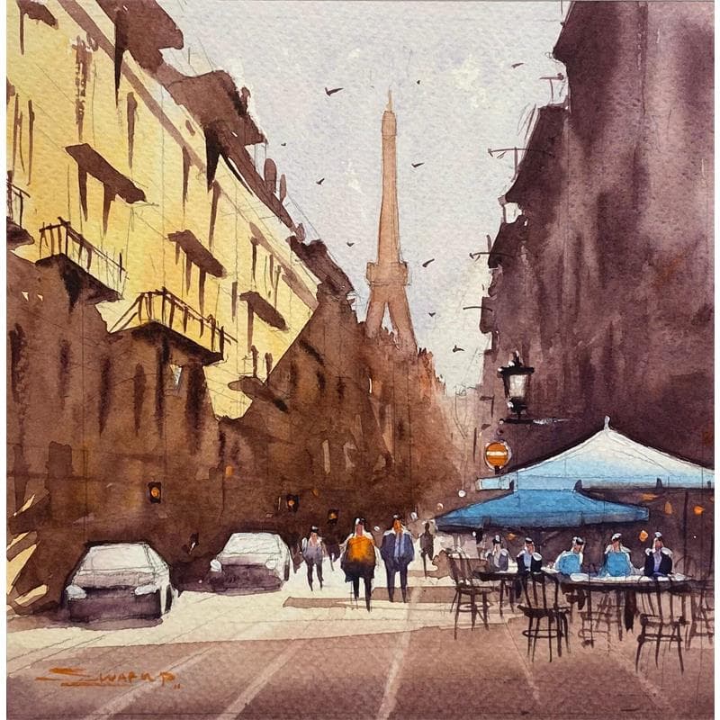Peinture Morning Sun in Paris  par Dandapat Swarup | Tableau Figuratif Paysages Urbain Scènes de vie Aquarelle