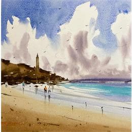 Peinture Clouds and the Lighthouse par Dandapat Swarup | Tableau Figuratif Aquarelle Marine, Paysages, Scènes de vie