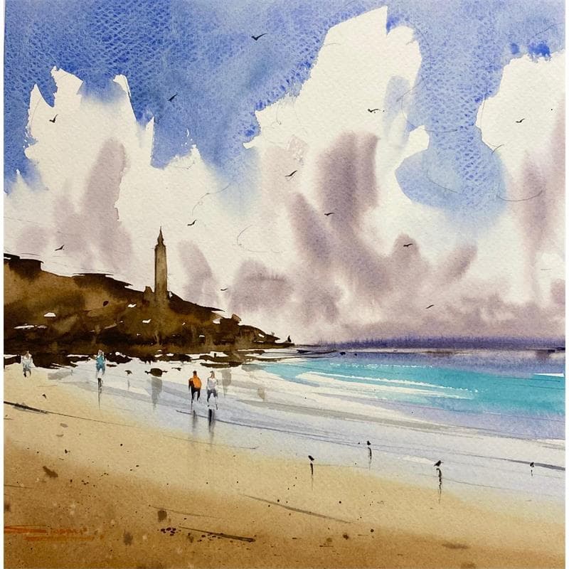 Painting Clouds and the Lighthouse by Dandapat Swarup | Painting Figurative Landscapes Marine Life style Watercolor