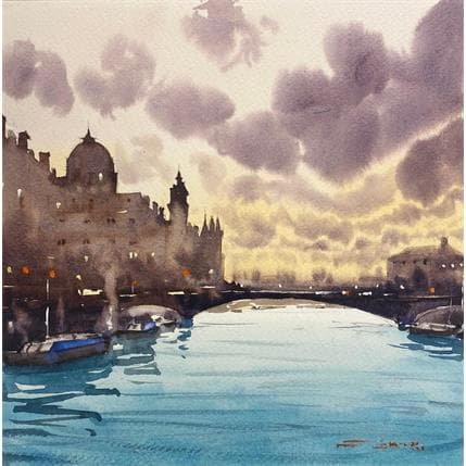 Pintura Clouds on My Water por Dandapat Swarup | Pintura Figurativo Acuarela Life style, Paisajes, Urbano