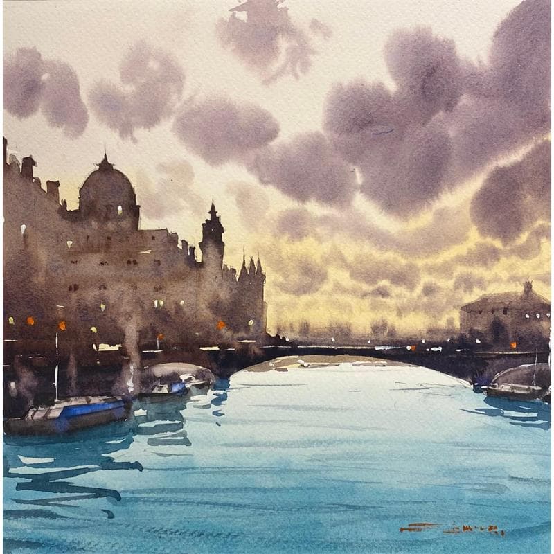 Pintura Clouds on My Water por Dandapat Swarup | Pintura Figurativo Paisajes Urbano Life style Acuarela