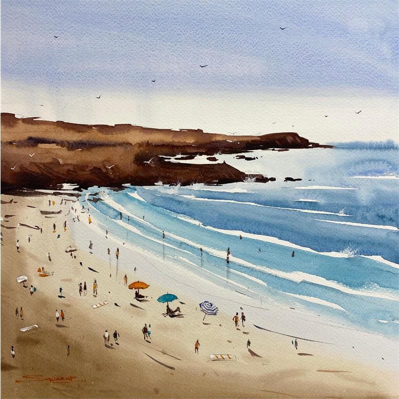 Peinture The Beach is Calling par Dandapat Swarup | Tableau Figuratif Paysages Marine Scènes de vie Aquarelle