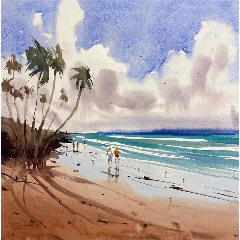 Gemälde Palm Trees Swaying in the Sea Breeze von Dandapat Swarup | Gemälde Figurativ Landschaften Marine Alltagsszenen Aquarell