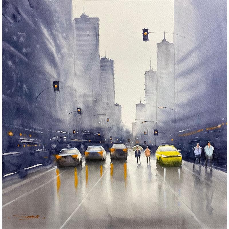 Painting A Misty New-York by Dandapat Swarup | Painting Figurative Landscapes Urban Life style Watercolor