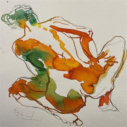 Painting Méline dos vert et jaune by Brunel Sébastien | Painting Figurative Watercolor Nude