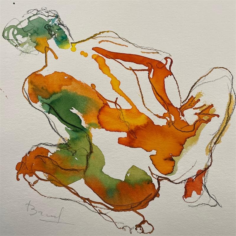 Painting Méline dos vert et jaune by Brunel Sébastien | Painting Figurative Nude Watercolor