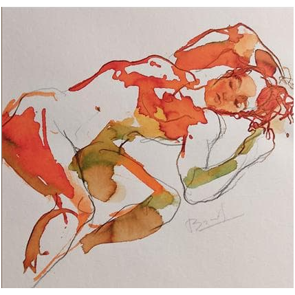 Painting anaïs couchée by Brunel Sébastien | Painting Figurative Watercolor Nude