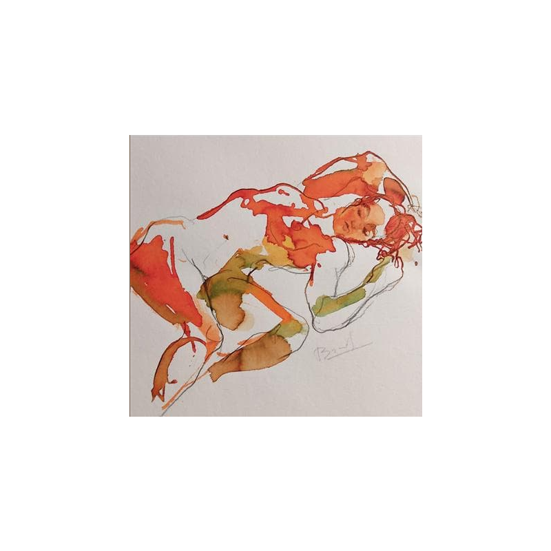 Painting anaïs couchée by Brunel Sébastien | Painting Figurative Nude Watercolor