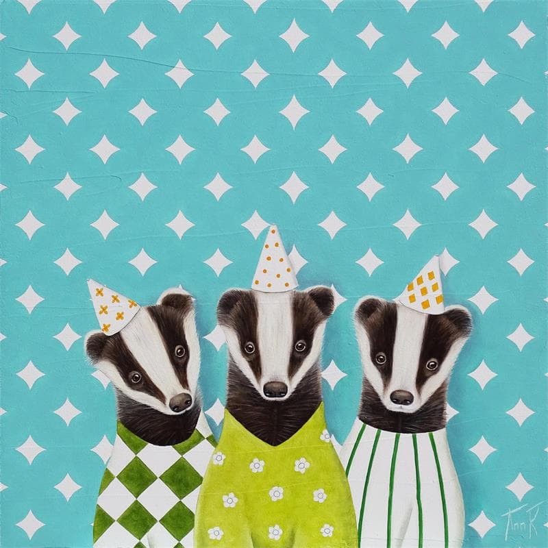 Painting TROIS BLAIREAUX PAS RASOIR by Ann R | Painting Naive art Portrait Life style Animals Oil