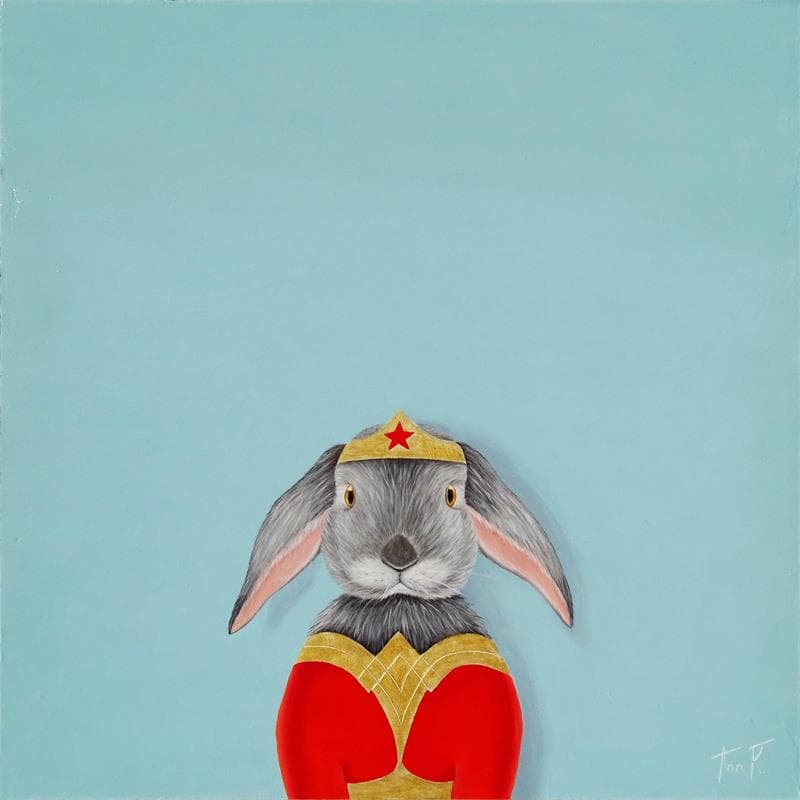 Painting WONDER RABBIT by Ann R | Painting Naive art Portrait Pop icons Animals Oil