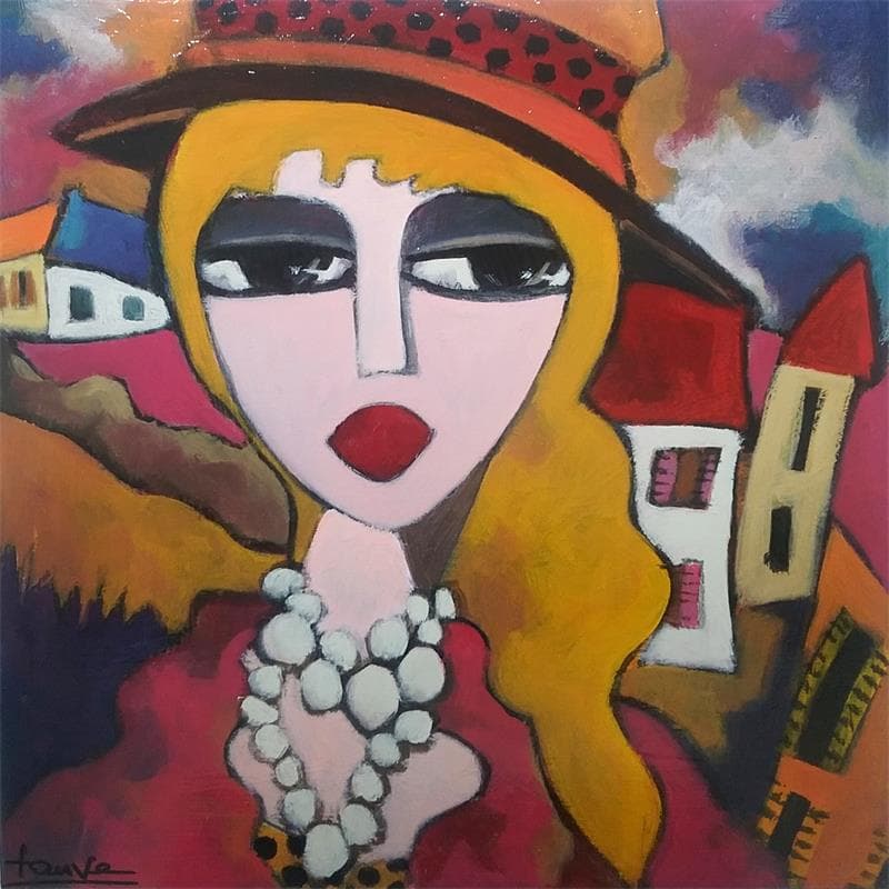 Gemälde Portrait et village von Fauve | Gemälde Figurativ Alltagsszenen Acryl