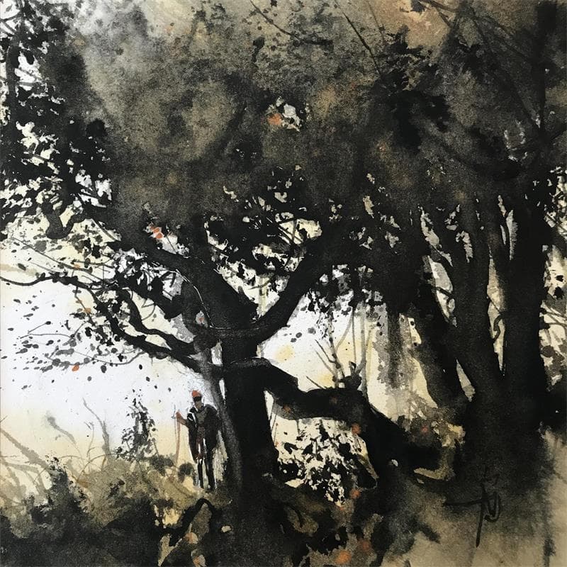 Painting L'homme des bois by Abbatucci Violaine | Painting Figurative Landscapes Life style Watercolor