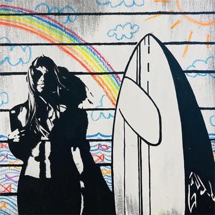 Painting Girl with surfboard by Di Vicino Gaudio Alessandro | Painting Acrylic