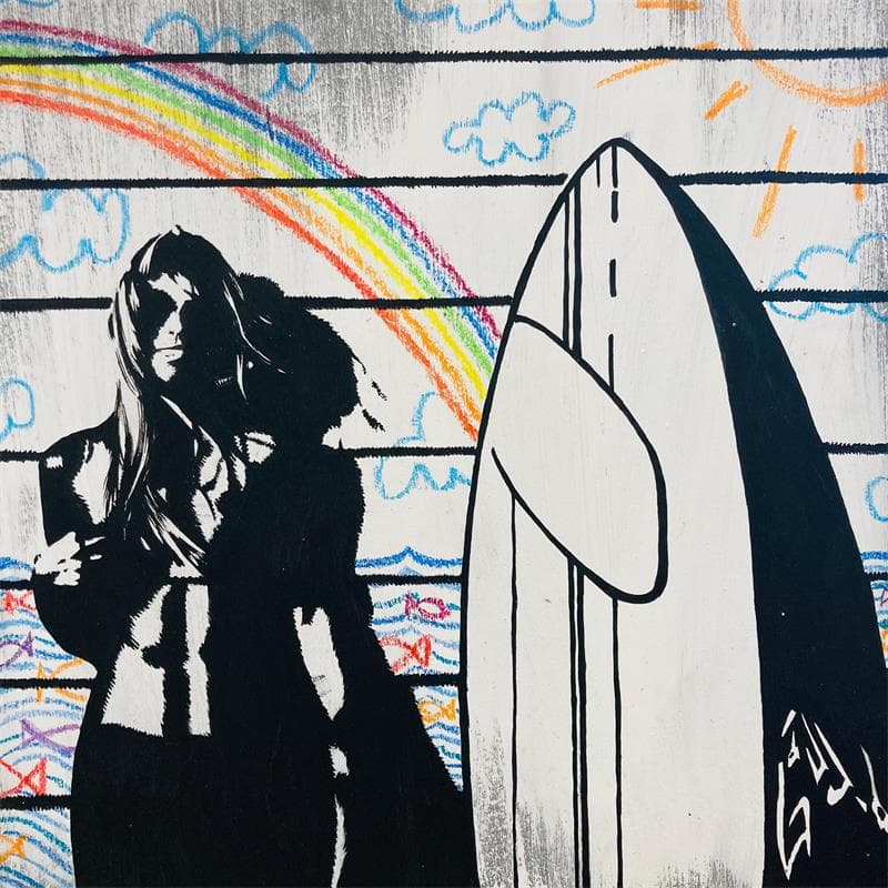 Painting Girl with surfboard by Di Vicino Gaudio Alessandro | Painting Acrylic