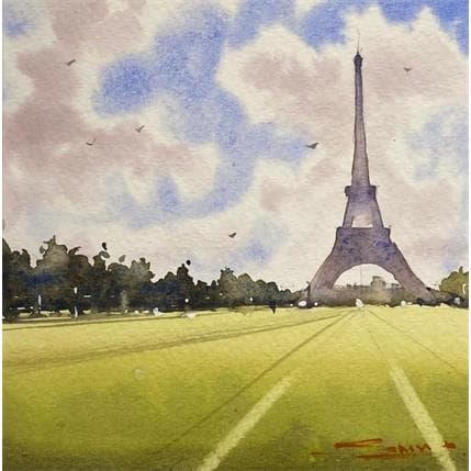 Pintura Eiffel Tower in the Summer por Dandapat Swarup | Pintura Figurativo Acuarela Life style, Paisajes, Urbano