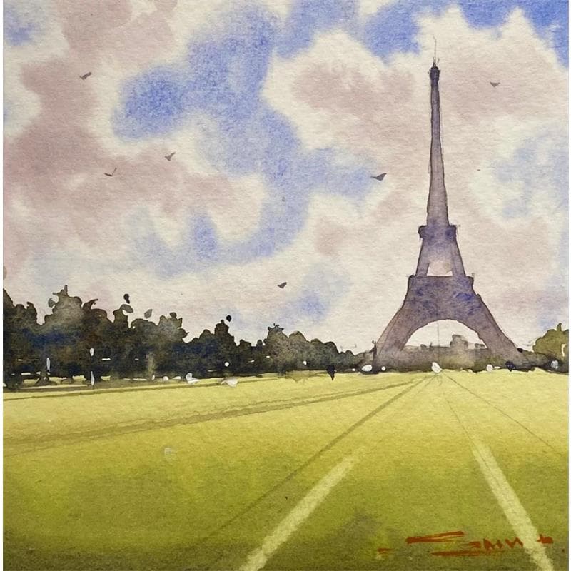 Pintura Eiffel Tower in the Summer por Dandapat Swarup | Pintura Figurativo Paisajes Urbano Life style Acuarela