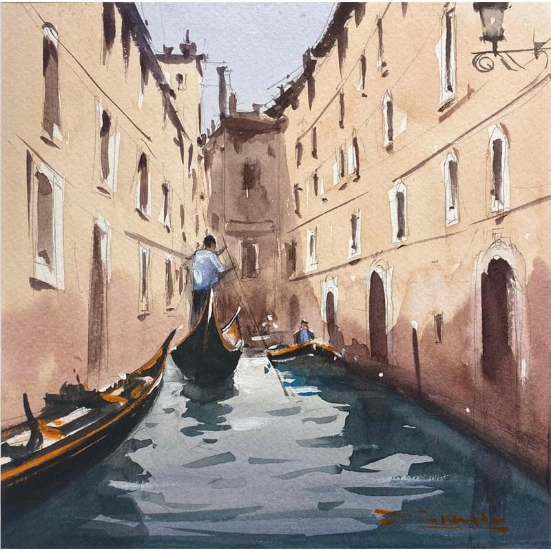 Peinture Gondola Ride in Venice I par Dandapat Swarup | Tableau Figuratif Paysages Urbain Scènes de vie Aquarelle