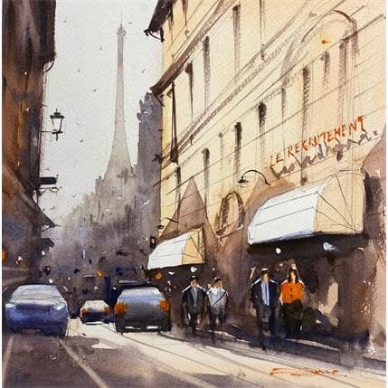 Pintura Mid-morning Paris Street II por Dandapat Swarup | Pintura Figurativo Acuarela Life style, Paisajes, Urbano