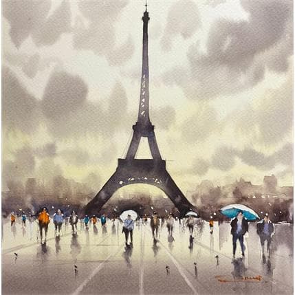 Pintura Visiting the Tower on a Rainy Day por Dandapat Swarup | Pintura Figurativo Acuarela Life style, Paisajes, Urbano