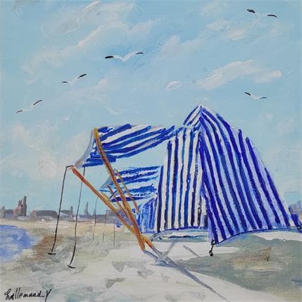 Peinture cabine de plage côte d'opale par Lallemand Yves | Tableau Figuratif Acrylique Marine