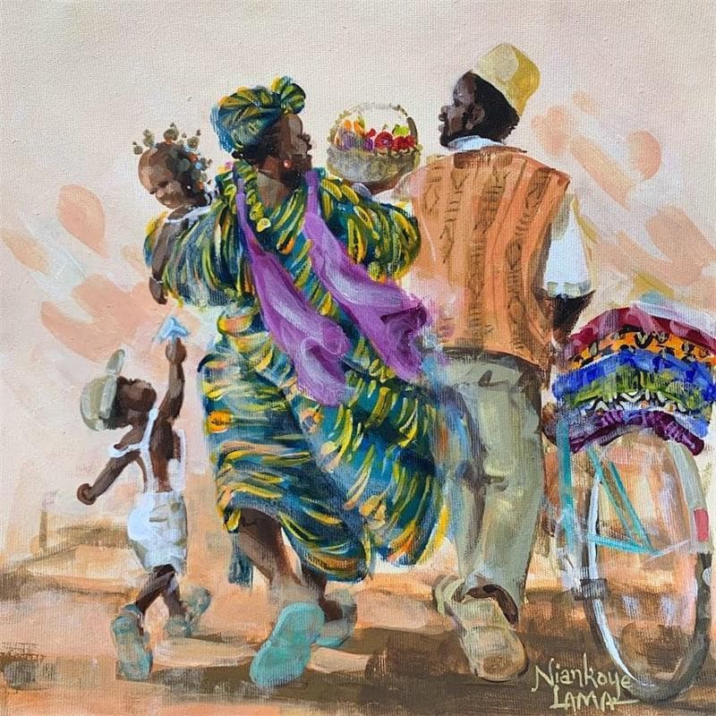 Peinture Le Commercant de Pagnes et Famille par Lama Niankoye | Tableau Figuratif Scènes de vie Acrylique