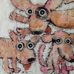 Painting 3 pink Dogs by Maury Hervé | Painting Naive art Animals