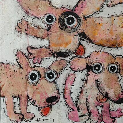 Peinture 3 pink Dogs par Maury Hervé | Tableau Art naïf Animaux