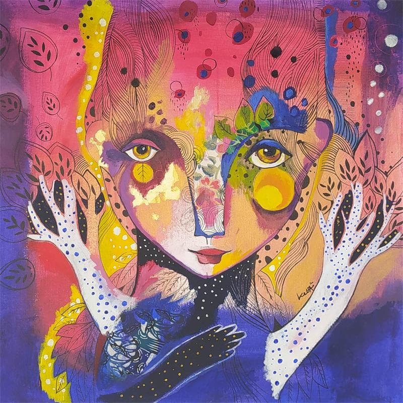 Gemälde L'oiseau chante à mon âme von Ketfa Laure | Gemälde Naive Kunst Porträt Acryl