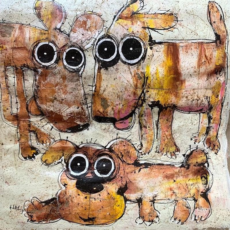 Peinture 3 brown Dogs par Maury Hervé | Tableau Art naïf Animaux