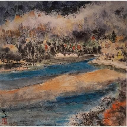 Peinture A wonderland in Juzai Gou par Sanqian | Tableau Figuratif Paysages