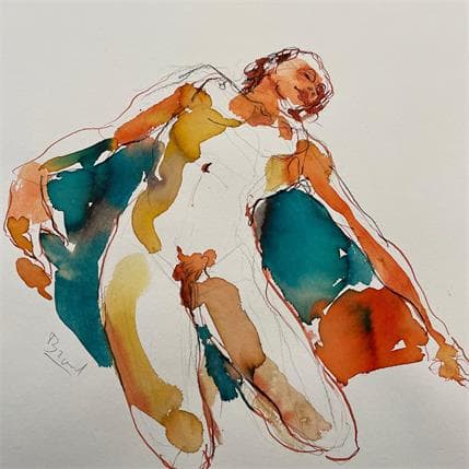Painting Anaïs couchée sur le dras bleu by Brunel Sébastien | Painting Figurative Watercolor Nude