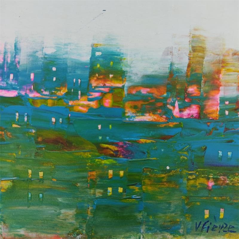 Peinture Panorama urbain en bleu cyan par Fièvre Véronique | Tableau Abstrait Urbain Acrylique