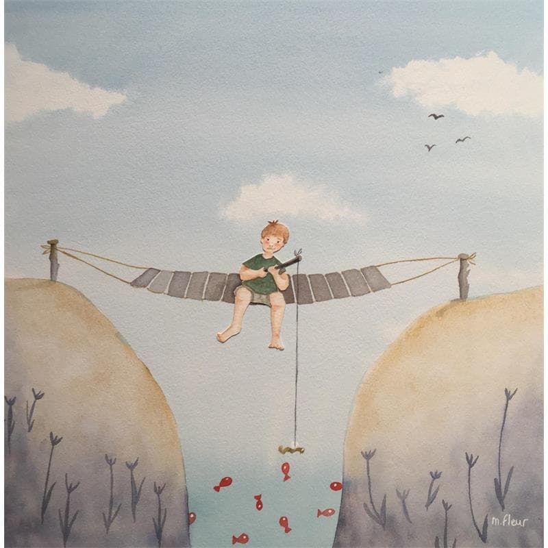 Painting Arthur, pêcheur de poissons rouges by Marjoline Fleur | Painting Naive art Life style