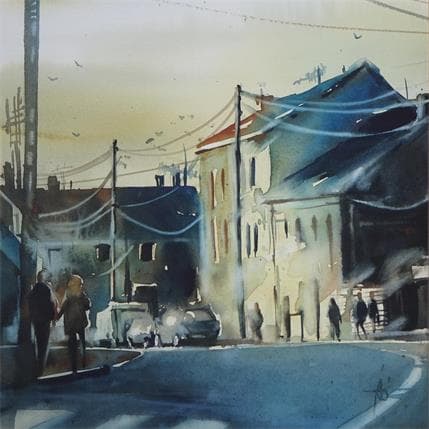 Gemälde Dans la lumière du soir von Abbatucci Violaine | Gemälde Figurativ Aquarell Alltagsszenen, Urban