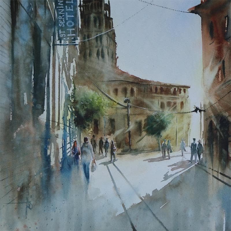 Painting Éblouie par la lumière by Abbatucci Violaine | Painting Figurative Urban Life style Watercolor