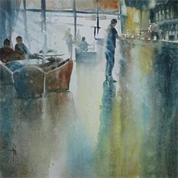 Peinture Son café, toujours au comptoir par Abbatucci Violaine | Tableau Figuratif Aquarelle scènes de vie