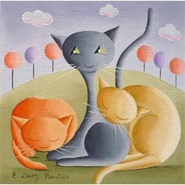 Peinture Trio de chats par Davy Bouttier Elisabeth | Tableau Art naïf Huile Scènes de vie