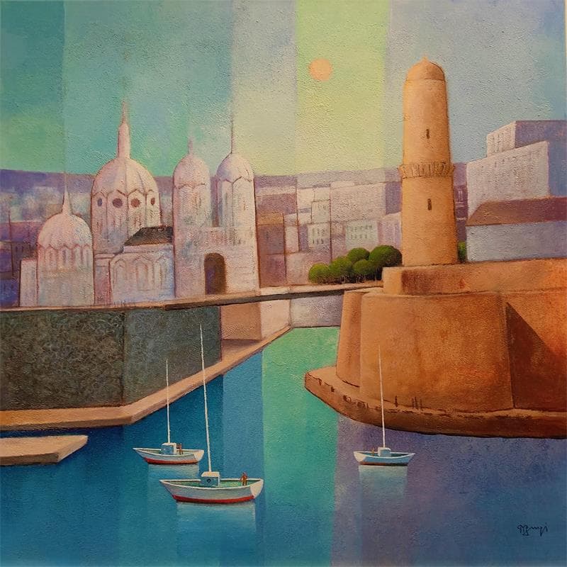 Painting La passerelle by Burgi Roger | Painting Figurative Landscapes Marine Architecture Acrylic