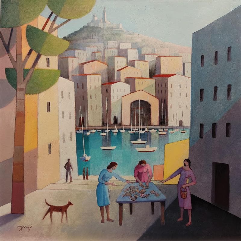 Peinture Vue sur le port par Burgi Roger | Tableau Figuratif Paysages Urbain Scènes de vie Acrylique