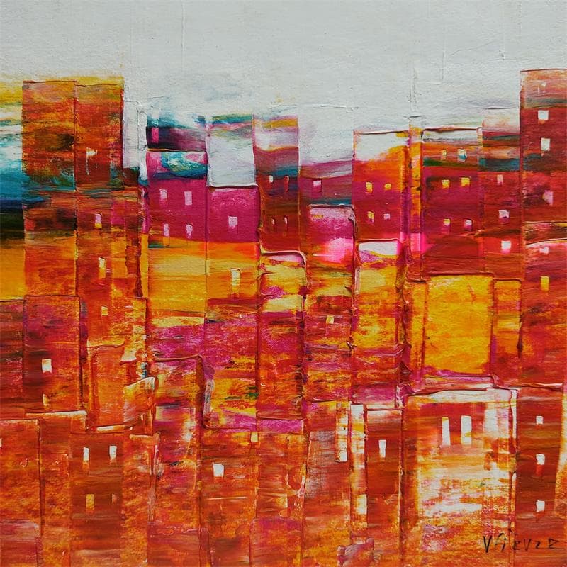 Painting Faubourgs en couleur by Fièvre Véronique | Painting Figurative Urban Acrylic